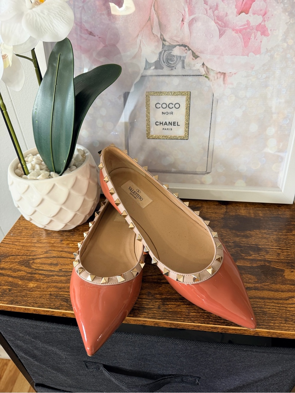 Valentino Patent Pointed Rockstud Flats in Coral